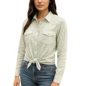 Back In The Saddle Womens Mint Green Eyelet Pearl Snap Button Down Shirt Size XL